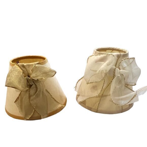 Vintage Mini Clip On Table Lamp Shades (2) Bow 4"‎ Tall Beige Coordinated Floral - Picture 1 of 12